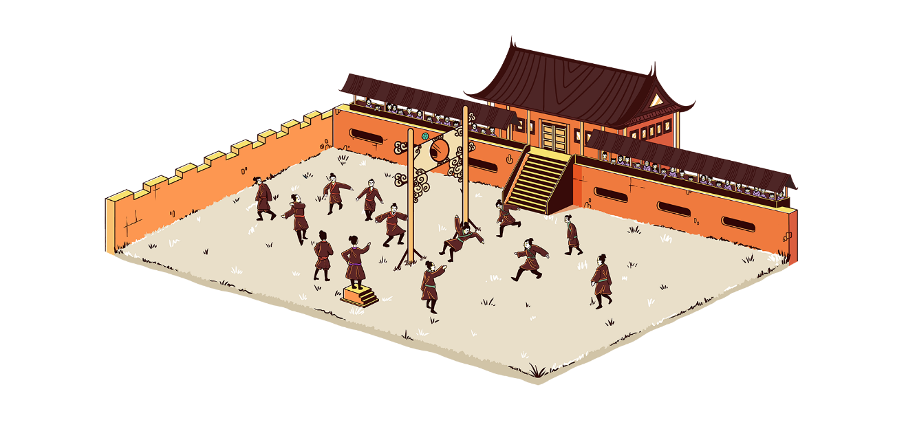 A pixelated image of a building and a group of people fighting Description automatically generated